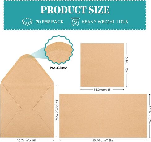6X6 Bright White Cards and Envelopes Square Invitations 20PK 100 lb Thick White Card Stock for Card Making, Photo Cards, Embroidery in Kuwait