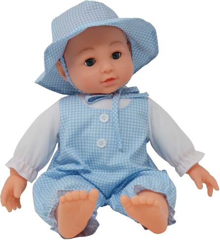 16 inch Realistic Baby Doll with Plush Body, Soft Vinyl Head & Extremities, Gingham Print Summer Outfit Bonnet Hat, Blinking Open & Close Eyes – Boxed 16" Kid’s Doll Gift for Toddler Girl, Boy (Blue) in Saudi Arabia