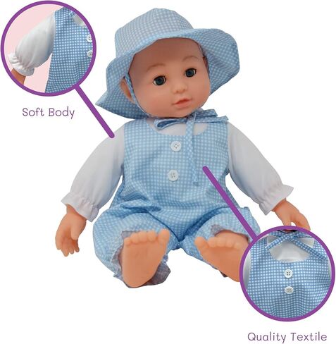 16 inch Realistic Baby Doll with Plush Body, Soft Vinyl Head & Extremities, Gingham Print Summer Outfit Bonnet Hat, Blinking Open & Close Eyes – Boxed 16" Kid’s Doll Gift for Toddler Girl, Boy (Blue) in Saudi Arabia