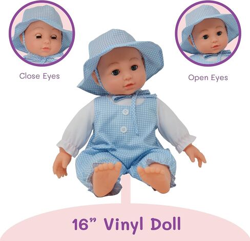 16 inch Realistic Baby Doll with Plush Body, Soft Vinyl Head & Extremities, Gingham Print Summer Outfit Bonnet Hat, Blinking Open & Close Eyes – Boxed 16" Kid’s Doll Gift for Toddler Girl, Boy (Blue) in Saudi Arabia