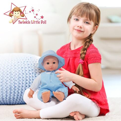 16 inch Realistic Baby Doll with Plush Body, Soft Vinyl Head & Extremities, Gingham Print Summer Outfit Bonnet Hat, Blinking Open & Close Eyes – Boxed 16" Kid’s Doll Gift for Toddler Girl, Boy (Blue) in Saudi Arabia
