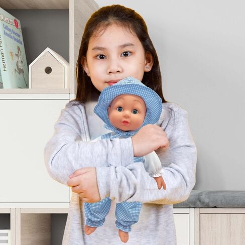 16 inch Realistic Baby Doll with Plush Body, Soft Vinyl Head & Extremities, Gingham Print Summer Outfit Bonnet Hat, Blinking Open & Close Eyes – Boxed 16" Kid’s Doll Gift for Toddler Girl, Boy (Blue) in Saudi Arabia