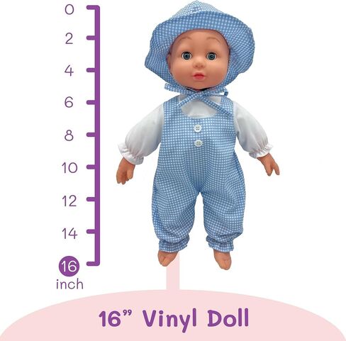 16 inch Realistic Baby Doll with Plush Body, Soft Vinyl Head & Extremities, Gingham Print Summer Outfit Bonnet Hat, Blinking Open & Close Eyes – Boxed 16" Kid’s Doll Gift for Toddler Girl, Boy (Blue) in Saudi Arabia