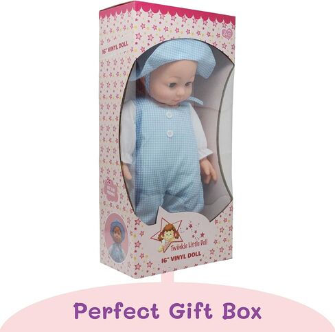 16 inch Realistic Baby Doll with Plush Body, Soft Vinyl Head & Extremities, Gingham Print Summer Outfit Bonnet Hat, Blinking Open & Close Eyes – Boxed 16" Kid’s Doll Gift for Toddler Girl, Boy (Blue) in Saudi Arabia