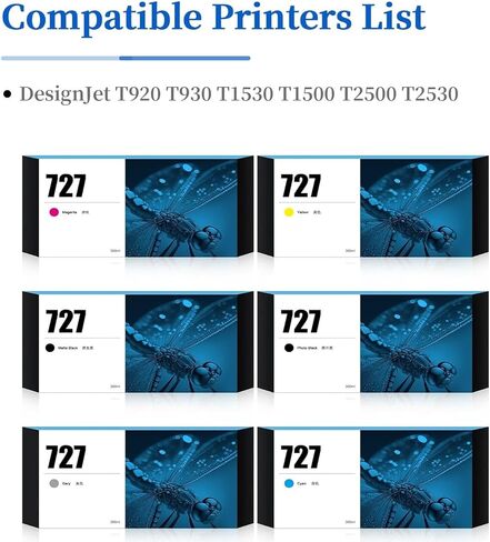 727 حبر خراطيش 300 مل عالية العائد 6pack استبدال ترقية ، متوافق مع HP DesignJet T2530 T1530 T920 T930 T1500 T2500 (أسود غير لامع/أسود/سايان/صفراء/رمادي/ماجنة) in Kuwait