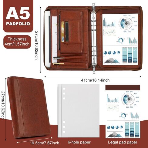 KISSKI Small A5 Planner Binder Portfolio for Men, 6 Ring Leather Zippered Padfolio Organizer with 1pc Notepad, Resume Document Folders for 5.5 x 8.5 Notepad, Tablet for iPad Mini/iPad Air 2, Black in Kuwait
