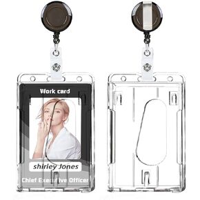 Clear ID Card Holder with Retractable Translucent Reel Clip, Transparent Thumb Slot PC Hard Plastic Card Protector for Nurse Office School Hospitl Credit Card Proximity Key (Black, Vertical)