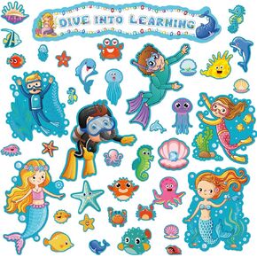 49 Pieces Ocean Beach Theme Classroom Bulletin Board Decoration Sets Dive Into Learning Bulletin Board Sea Animal Jeweled Fish Cutouts Divers Cutouts Treasure Box Cutouts for Classroom Wall Decor