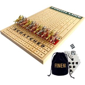 Horse Racing Game for Adults, Horse Race Board Game with 11 Luxurious Metal Horses (Silver, Black, Rose Gold), 16" Pine Wood Horse Race Game Board, Dice & Card Included (Log Color)