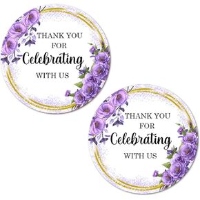40 Violet Flowers Thank You for Celebrating with Us Stickers, 2 Inch Big Round Glossy Labels, Great for Weddings, Bridal Shower, Engagement Party, Party Favors Décor, Tags, Supplies. Made in USA.