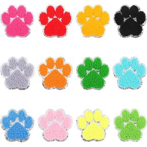 12 PCS Cute Paw Print Patch Cat Dog Paw Print Iron on Stickers for Clothes, Paw Print Iron on Patch Silver Edges Chenille Patches, Embroidered Patches Iron on Patches for Hats DIY Jackets Pants Bags