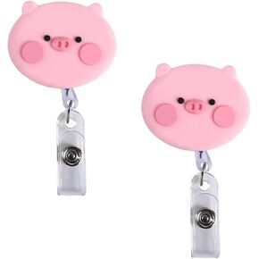 2Pcs Pink Pig Retractable Badge Reel,Name Card Holder Keys Lanyard,Work Card Clip,Bunny Chest Card ID Card Clips,Cute Nurse Badge Holder Identification Badges and Supplies