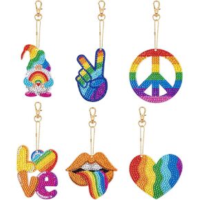 JSRQT 6 PCS Diamond Art Painting Keyrings Rainbow Festival Rhinestone Painting Cains Hains Double Side Clow Drill Diamond Art Keyrings 5D DIY Crystal Keyring Make Making Kit Month Month