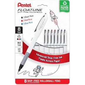 Pentel Floatune Rollerball Pen, (1.0mm), Bold Point, Black/Blue/Red Ink, Pack of 8 (BY110PF8OFC)