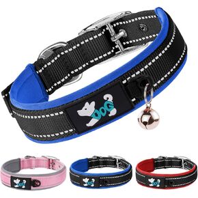 AUAUY Nylon Dog Collar, Pet Dog Reflective Collar, Ultra Soft Neoprene Padded, Adjustable Reflective Stitching Pet Collar with Durable Metal Buckle D-Ring and Label Ring for All Breeds(Navy-M)