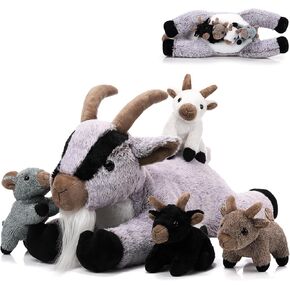 HyDren 5 Pcs Goat Plush Toy Set 18 Inch Mommy Goat Stuffed Animal with 4 Stuffed Kids in Zippered Tummy Soft Plushies for Children's Day Gifts Birthday Farm Party Decors Sleeping Companion