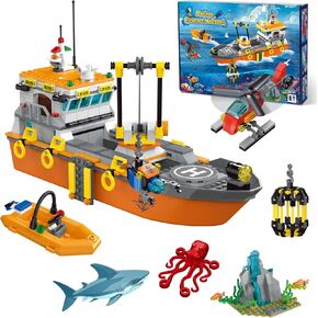 City Ocean Explorer Ship Building Set, Fun Toy Exploration Boat Building Block Kit with LED Lights, Helicopter, Submarine, Shark Cage, Birthday for 6 8 10 12 Years Old Boys Girls Kids