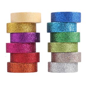 12 Rolls Glitter Washi Tape Set – 15mm Rainbow Colored Masking Tape, Sparkle Decorative Tape for DIY, Art, Scrapbook Tape, Decor & Crafts