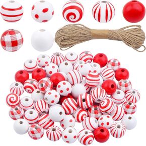 70pcs Mixed Christmas Striped Wood Beads Red White Round Plaid Stripe Farmhouse Beads Wooden Ball Beads with a Hemp Rope Set for DIY Jewelry Making Garland Crafts Decor, 7 Styles