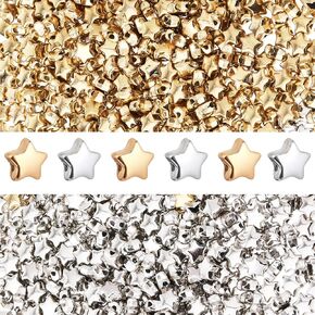 500Pcs Star Shape Spacer Beads 6mm Large Hole Star Loose Beads Star Shape Gold Silver Spacer Beads Star Buttons for Crafts Star Spacer Beads Accessories for Jewelry Bracelets DIY Making (Gold, Silver)