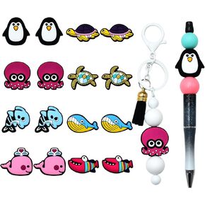 16 PCS Silicone Focal Beads for Pens Characters Ocean Animal Silicone Beads for Keychain Making Silicone Beads Bulk for Jewelry Making Bracelet Necklace Handmade Crafts