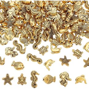 PH PandaHall 120pcs 6 Styles Ocean Theme Beads Sea Creature Beads Mermaid Dolphin Beads Starfish Turtles Beads Animals Fish Beads Tibetan Spacer Beads for DIY Bracelet Necklace Keychain Jewelry Making