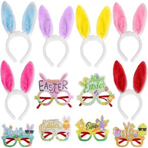12Pcs Easter Light Up Bunny Ears Headbands and Party Eye Glasses Frame Set, Easter LED Plush Bunny Ears Rabbit Chick Eggs Glasses Party Favor Decorations Supplies Photo Booth for Kids Adults