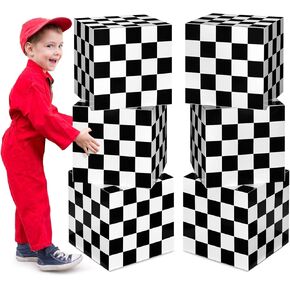 6 Pcs Large Race Car Party Treat Boxes 11.8 x 11.8 Inch Black and White Checkered Party Boxes Plaid Cardboard Goodie Candy Boxes for Race Car Birthday Party Decoration Supplies