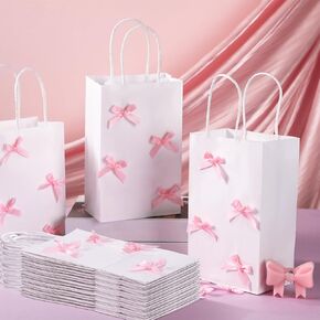 24 Pcs Pink Bow Party Favor Bags with 300 Pcs Pink Bow Personalized Coquette Paper Gift Bags Goodie with Handles Bow Knot Candy Treat Bag for Birthday Bridal Engagement Wedding Baby Shower Party