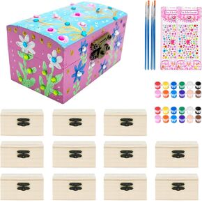 12 PCS Wooden Box,Treasure Chest with 12 Color Paints,12 PCS Unfinished Unpainted Wood Box with 2 Diy Adhesive Drilles,Small Wooden Box for Keepsake Boxes, Jewelry Box