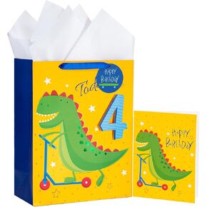 WRAPAHOLIC 13" Large Dinosaur Birthday Gift Bag with Tissue Paper - Happy Birthday Dinosaur Design for boys, Kids Birthday, Baby boy, Baby Shower