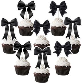 Jollyboom Bow Party Decorations Black, 36pcs Bow Theme Cupcake Toppers Double-sided Printing Cake Decorations for Black Bow Coquette Birthday Bridal Shower Party Supplies