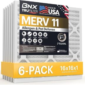 BNX 16x20x1 MERV 11 Air Filter 2 Pack - MADE IN USA - Electrostatic Pleated Air Conditioner HVAC AC Furnace Filters - Removes Dust, Mold, Pollen, Lint, Pet Dander, Smoke, Smog