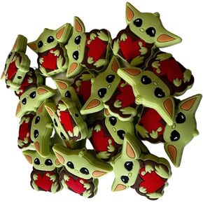 Yo da Focal Beads Silicone Wars | 12 pk Bulk Wholesale for Freshie String Hangers Beadable Pen Green Star Character with Heart Badge Clip