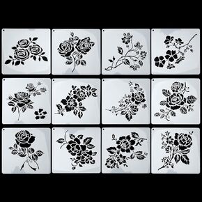 12 PCS Rose Flower Stencils 7.8 × 7.8 بوصة قابلة لإعادة الاستخدام للرواية للطلاء على الإستنسل الخشبية للحيوانات الأليفة للحرف اليدوية والزخارف
