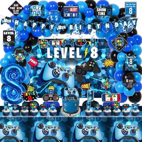 8th Birthday Decorations for Boys, 148Pcs Blue Video Game level 8 Party Supplies for Boy 8th Birthday - Backdrop, Banner, Balloons, Tablecloth, Centerpieces, Hanging Swirls, Wall Signs