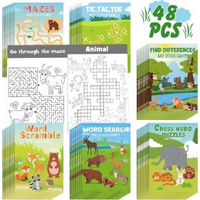 Hungdao 48 Pcs Woodland Animals Mini Activity Books for Boys and Girls, Fun and Games, Challenging Activities Include Mazes, Word Scramble and More Bulk Gifts for Students Party Classroom