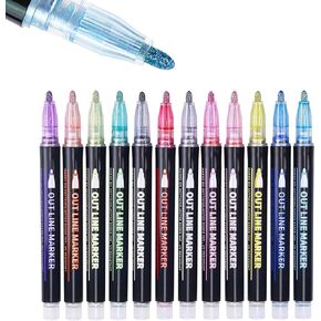 Shimmer Markers Outline Pens, Glitter Markers, 12 Colors Metallic Marker Pens for Drawing, School Art Supplies, Christmas Greeting Card Making, DIY Art Crafts, Gifts for children