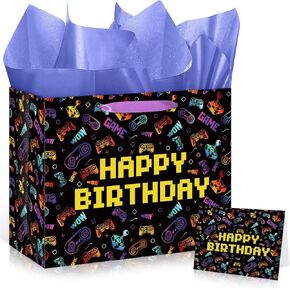 1PC Gaming Birthday Gift Bag, Video Game Birthday Party Favor Bag with Tissue Paper and Card, Video Game Birthday Gift Wrapping Paper Bag for Boys Girls Men Women Game Lover Birthday Party Supplies