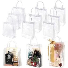 zandfelo 20 Pcs 8''x10''x3.2'' Clear Gift Bags with Handle, Clear Plastic Goodie Bags, Reusable Transparent PVC Gift Wrap Tote Bag