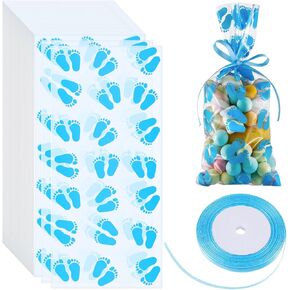 Zonon 100 Pieces Party Favor Bags Baby Shower Treat Bags Plastic Candy Gift Goodie Baby Footprint with Ribbons for Birthday Party Supplies(Blue)