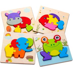 SKYFIELD Wooden Animal Toddler Puzzles for 1 2 3 Years Old Boys & Girls, Baby STEM Educational Toy Gift with 4 Animals Montessori Bright Color Shapes Learning Puzzles,Great Gift Ideas for 1-3