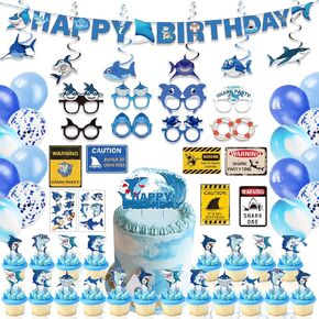 Shark Birthday Party Decoration, 70pcs Blue Ocean Shark Party Decor Supplies for Boys Shark Theme Party Banner, Hanging Swirls, Shark Glasses, Balloon, Shark Signs