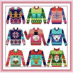 ITSTITCH Stamped Cross Stitch Kits- Full Set of Embroidery for Beginners or Adults,14 CT 2 Strands DIY Colorful Sweaters Patterns Counted Arts Craft 11.4×11.4 inch