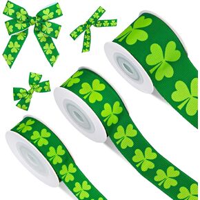 3 Rolls 15 Yards St. Patrick's Day Grosgrain Ribbon Green Shamrock Clover Sewing Craft Fabric Ribbon for Wreath Bow Gift Wrap Irish Holiday Spring Birthday Party Decor, 5/8" 7/8" 1.5"