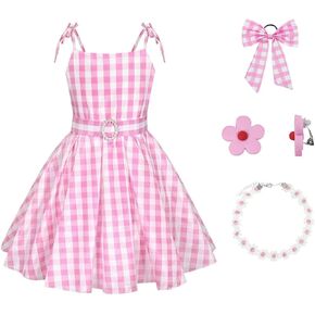 Girls Pink Gingham Dress Daily Dress Up with Accessories, 4-12Y