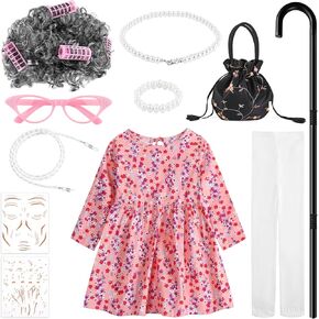 Old Lady Costume Include Wig Floral Skirt Pantyhose Bucket Bag Glasses Chain Cane for 100th Day of School Dress Up