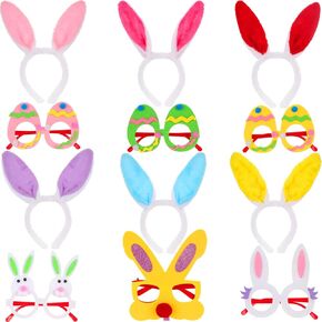 12 Pieces Easter Party Favors Plush Bunny Ears Hairbands Easter Bunny Glasses Frames Easter egg shaped glasses for Easter Party Decoration Supplies