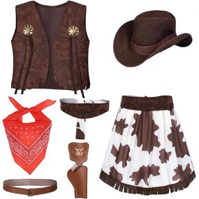 Cowgirl Costume for Girls 6pcs Set Kids Dress Up Birthday Halloween Party Cosplay 3-13 Years