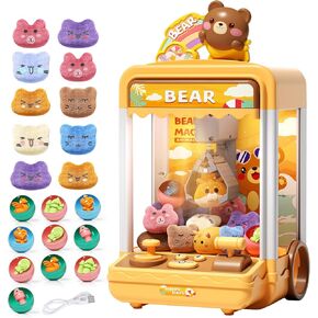 Bear Kids Claw Machine, Mini Candy Vending Grabber, Prize Dispenser Toys for Girls and Boys, Electronic Claw Game Machine for Party Birthdays with Lights Sound, Includes 10 Plush and 10 Mini Toys